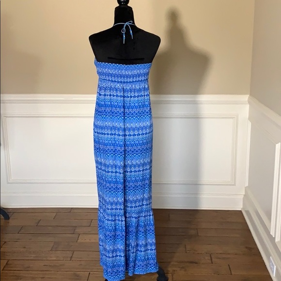LO Posh Blue Printed Tie at Neck Maxi Dress Size L - Picture 6 of 7